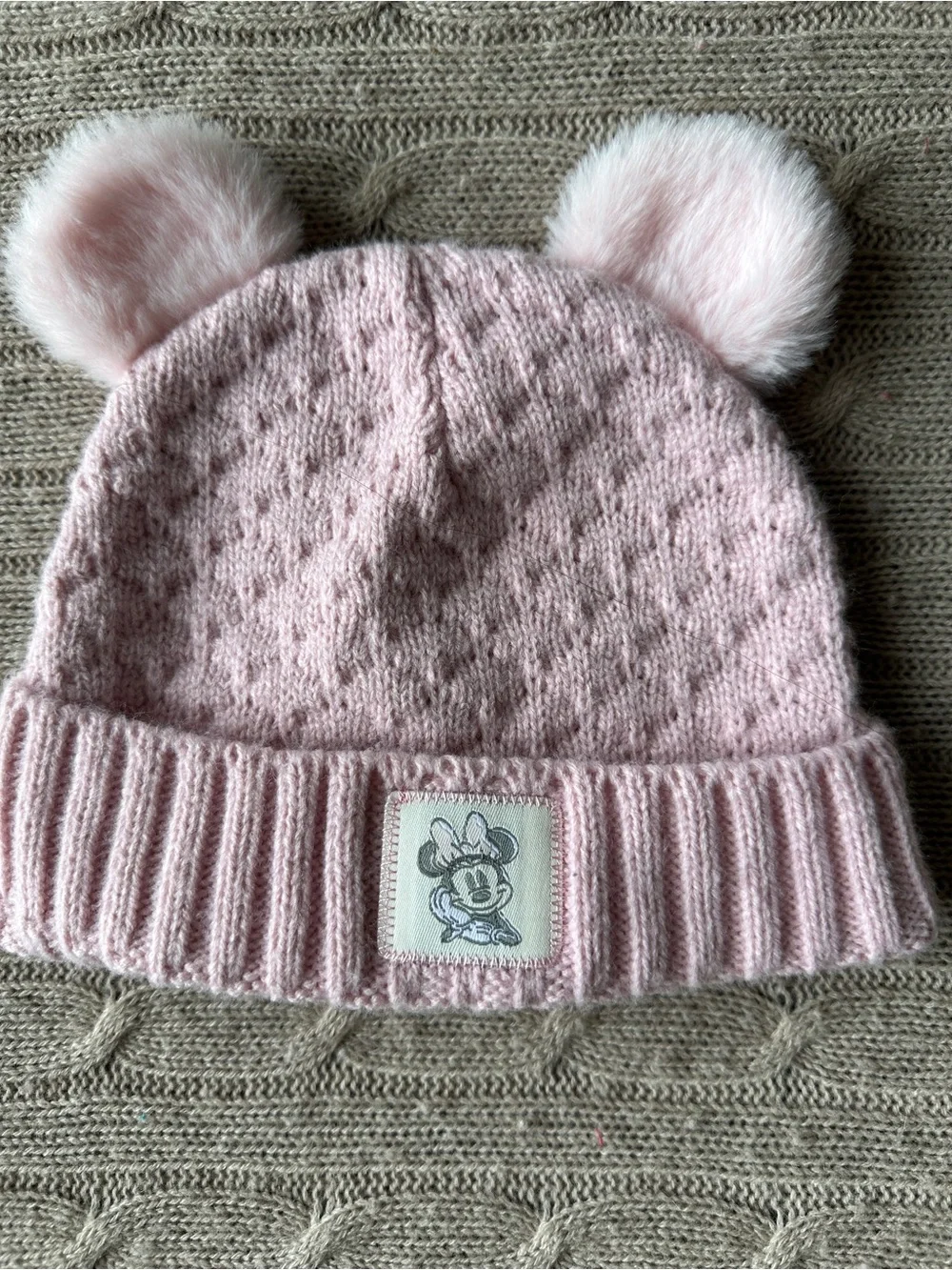 EUC Disney Junior Pom-Pom Beanie and Mittens Set, Pink Knit Minnie Mouse, 2T